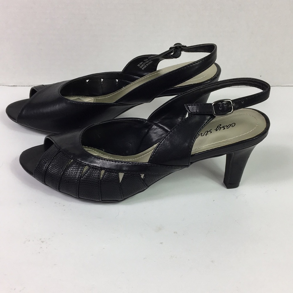 Easy Street Shoes Peep Toe Heels Black Adjustable Paded foot bed Size 9.5
